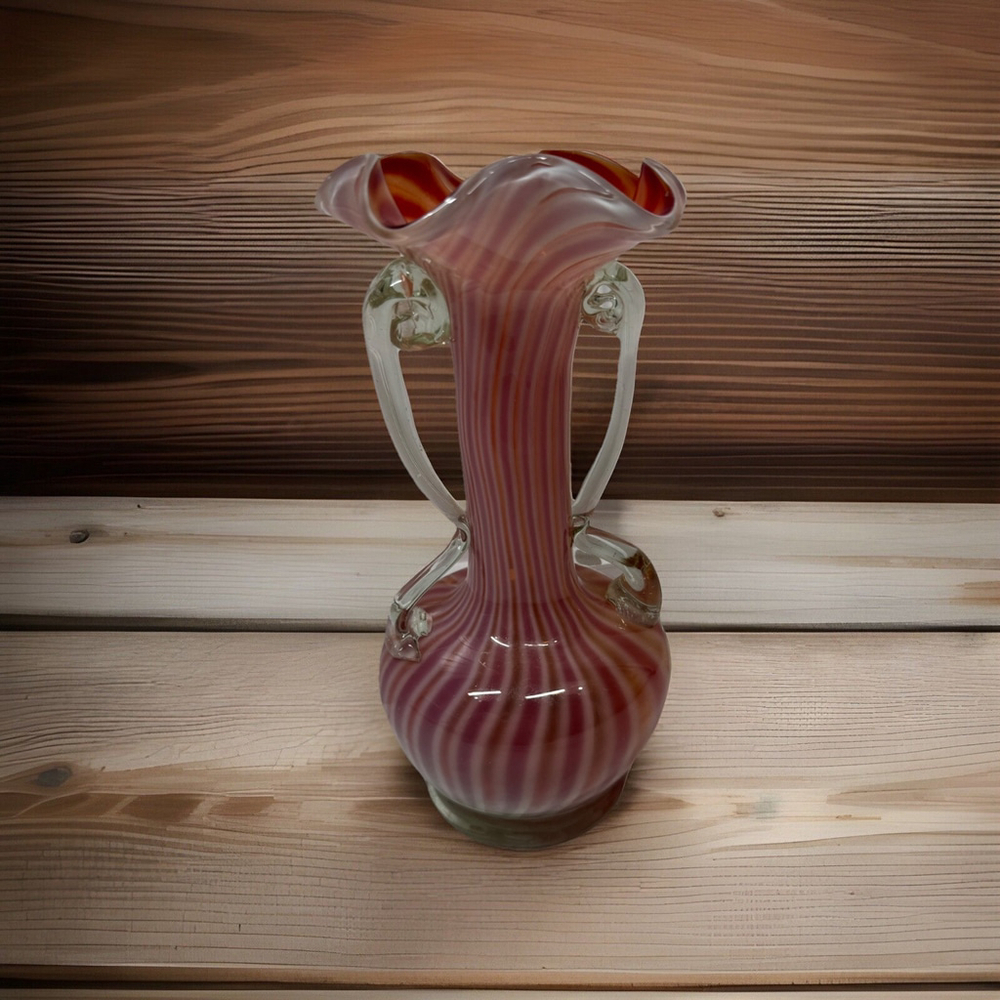 Murano Red Orange Pink Candy Cane Glass Vase Ruffle Top Clear Handle Overlay 9